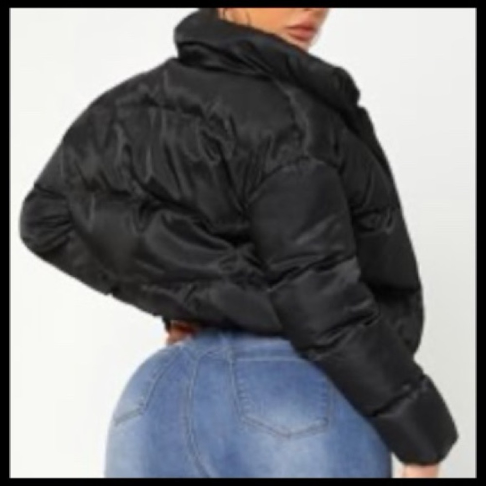 PEHMEA Cropped Black Puffer Jacket Gold Zip Up Short Padded Down
